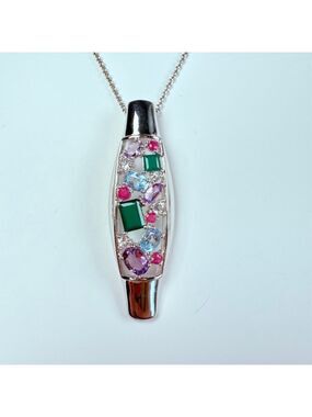 Modernist Sally C Treasures Emerald Ruby Amethyst Topaz Sterling Silver Necklace